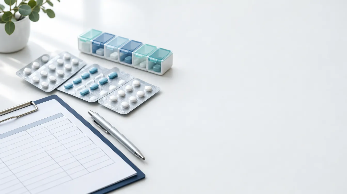 DOAC tablet blister packs and a pill organiser beside a monitoring record